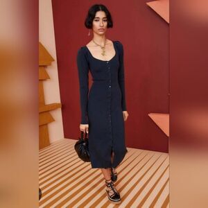 Ulla Johnson Morgan Ribbed Midi Dress Size XL Merino Wool Navy Blue